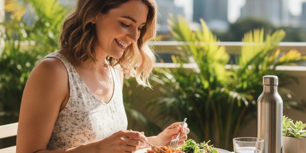 Brisbane woman enjoying a healthy balanced meal — anti-diet nutrition approach